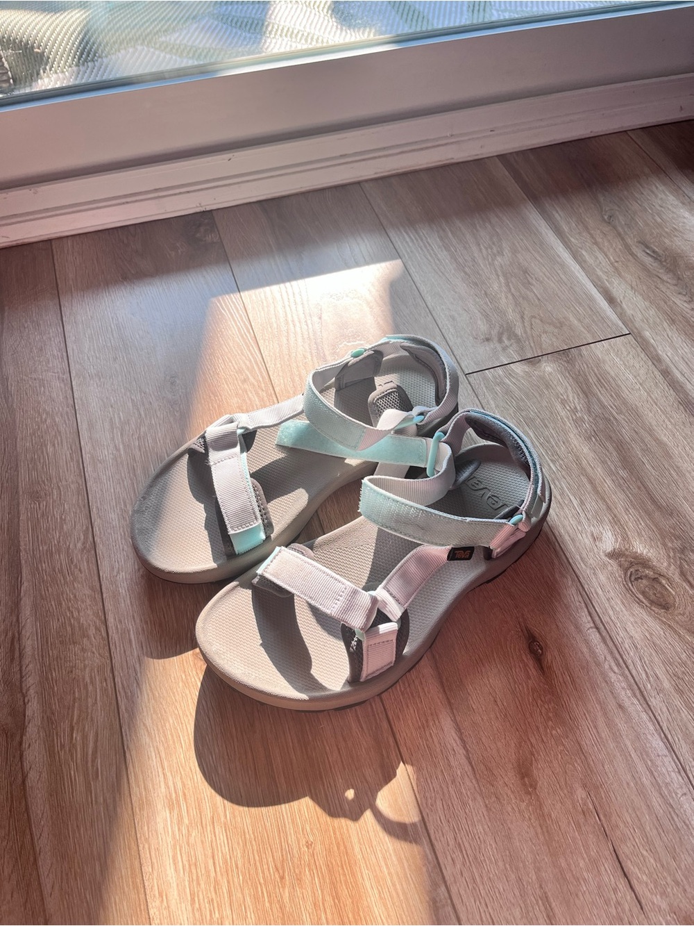 Teva Women's Strappy Sandals in Light Gray with Mint Accents